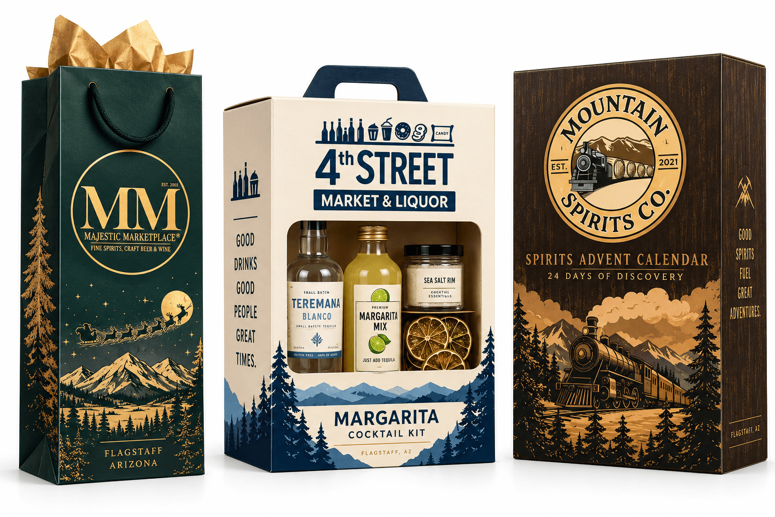 Store-branded bottle bag, margarita cocktail kit and spirits advent calendar